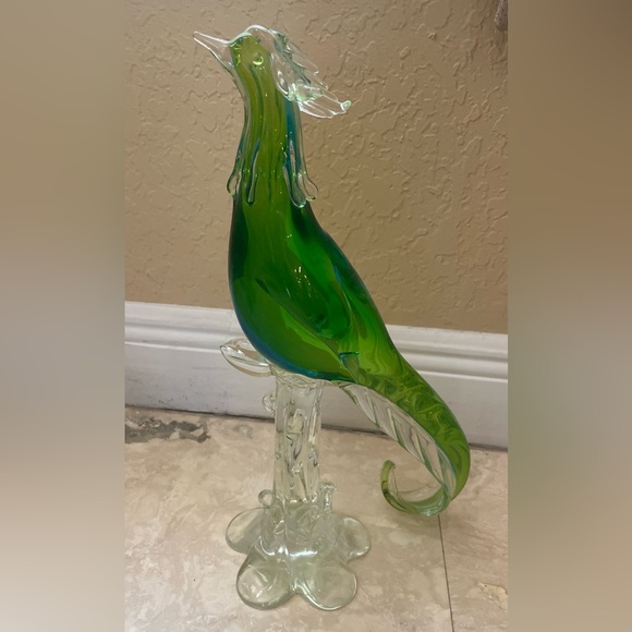 Handmade Blown Art Glass Bird long fluted tail Tree Stump Sculpture Decor